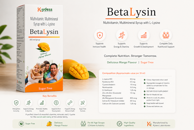 BetaLysin multivitamin syrup with L-Lysine, mango flavour, 300ml bottle