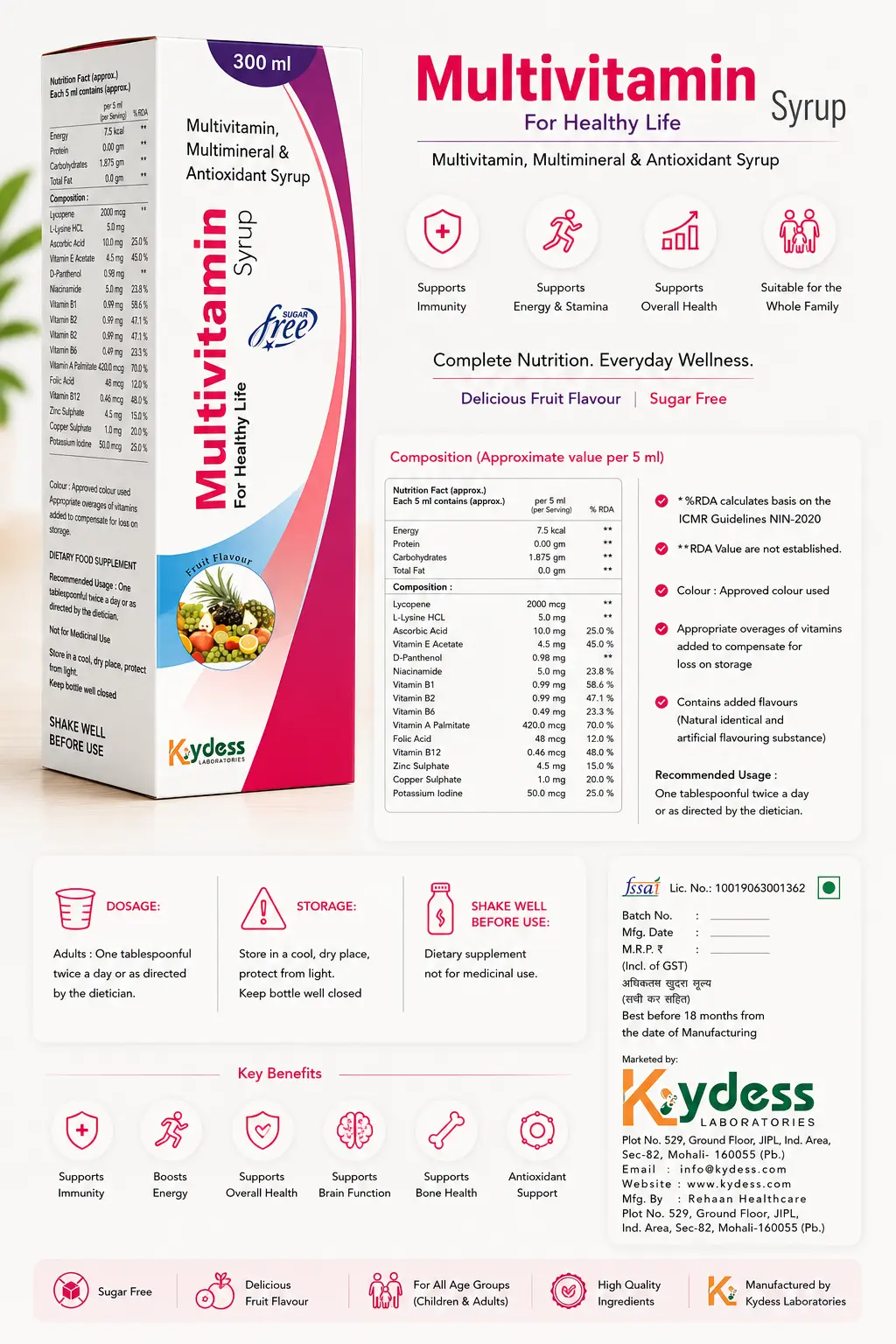 BetaLysin multivitamin syrup with L-Lysine, mango flavour, 300ml bottle